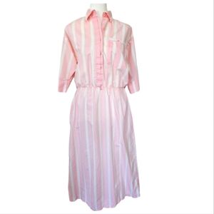 Vintage RHYMES Baby pink/white striped short-sleeved shirt midi dress. Size 8